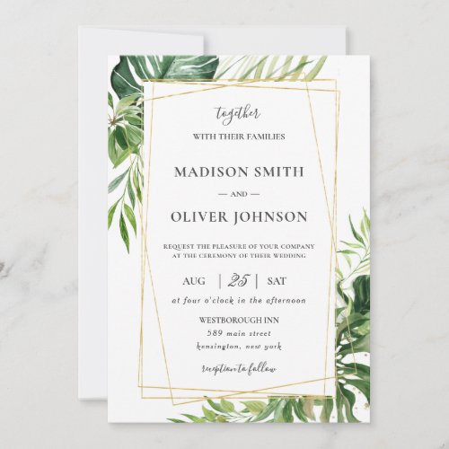 Tropical Greenery Leafy Gold Geometric Wedding  Invitation