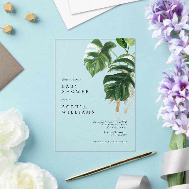 Tropical Greenery Leaves Modern Baby Shower Acrylic Invitations (Insitu (Wedding))