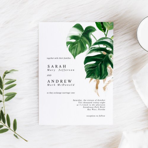 Tropical Greenery Leaves Modern Minimal Wedding Invitation