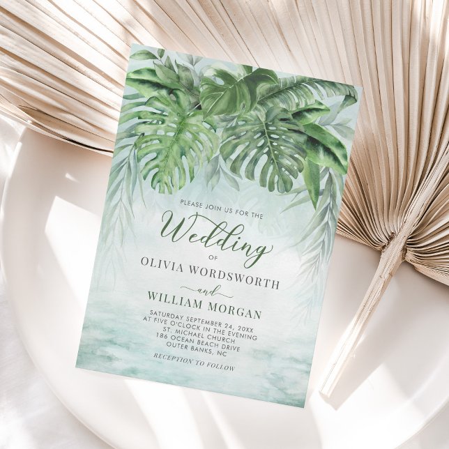 Tropical Greenery Leaves Watercolor Beach Wedding Invitation (Creator Uploaded)