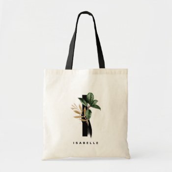 Tropical Greenery Letter I Monogram Personalized  Tote Bag by KeikoPrints at Zazzle
