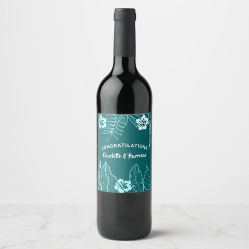 Tropical  Greenery Modern Turquoise Wedding Wine Label