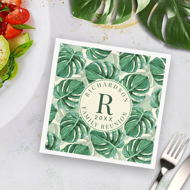 Tropical Greenery Monstera Family Reunion Party Napkins (Creator Uploaded)