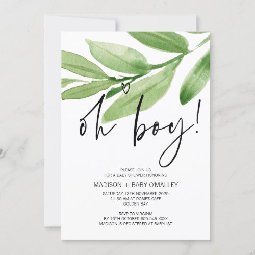 Tropical Greenery Oh Boy Baby Shower Party Invitation