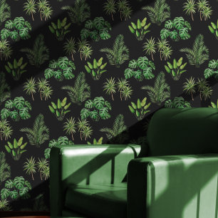 Tropical Greenery on Black Pattern Wallpaper