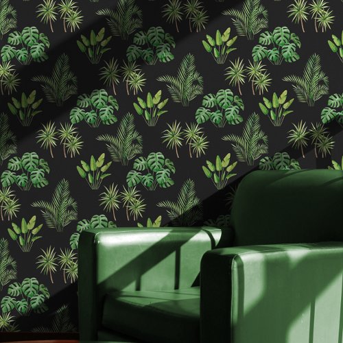 Tropical Greenery on Black Pattern Wallpaper