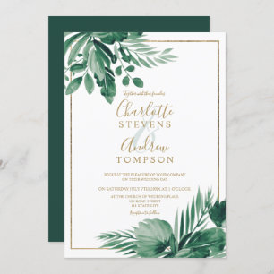 Tropical greenery palm floral watercolor wedding invitation