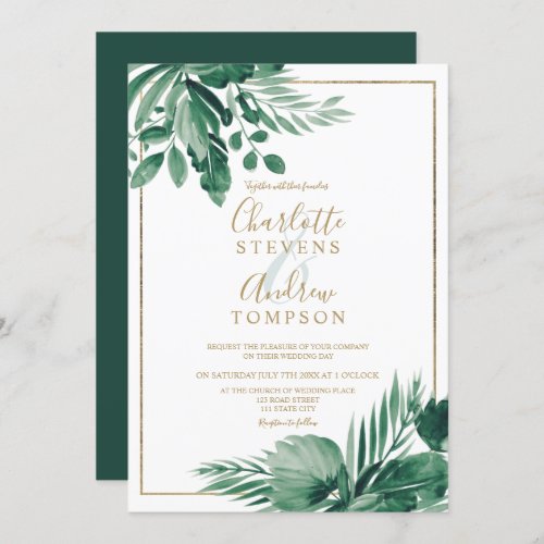 Tropical greenery palm  floral watercolor wedding invitation