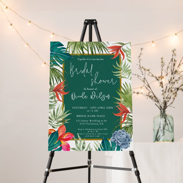 Tropical greenery palm gold script bridal shower foam board (In Situ (Stand))