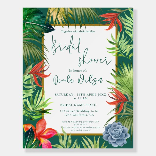 Tropical greenery palm gold script bridal shower foam board (Front)