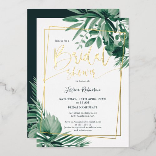 Tropical greenery palm gold script bridal shower foil invitation