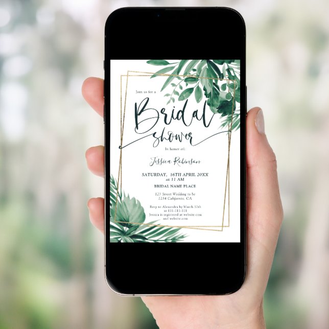 Tropical greenery palm gold script bridal shower invitation (Front Digital)