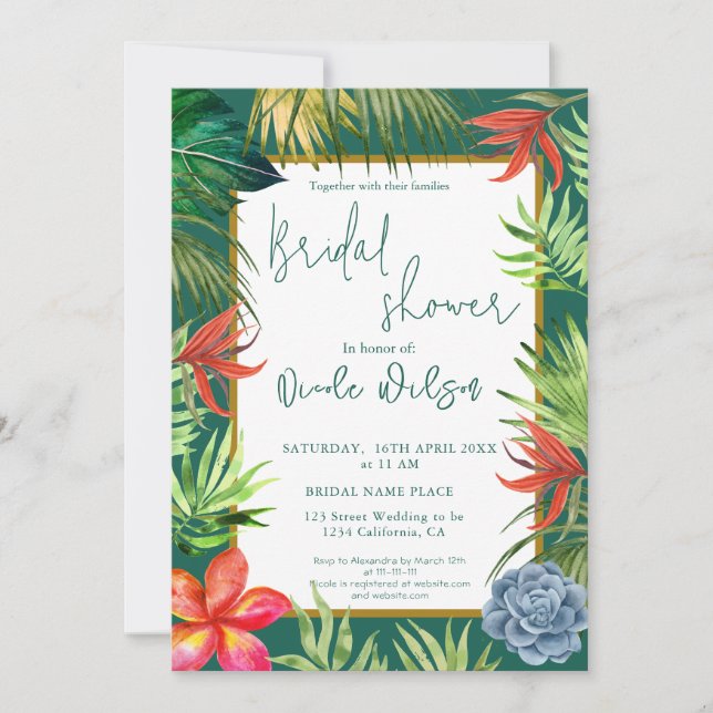 Tropical greenery palm gold script bridal shower invitation (Front)