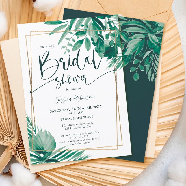 Tropical greenery palm gold script bridal shower invitation (Creator Uploaded)