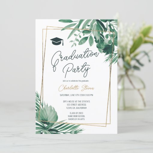 Tropical greenery palm gold script graduation invitation | Zazzle