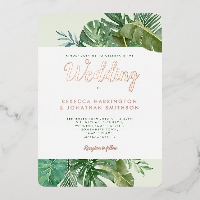 Tropical Greenery Palm Leaf Gold Wedding Foil Invitation (Front)