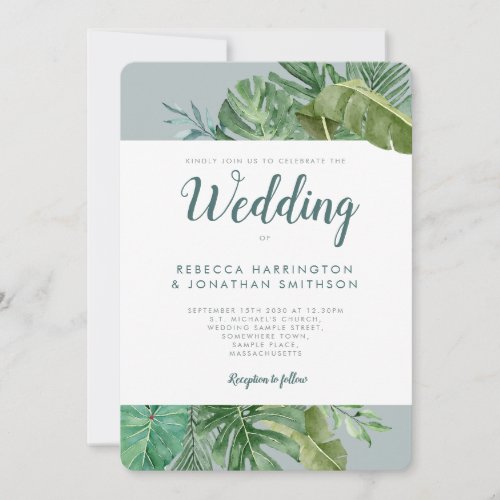 Tropical Greenery Palm Leaf Grey Wedding Invitatio Invitation