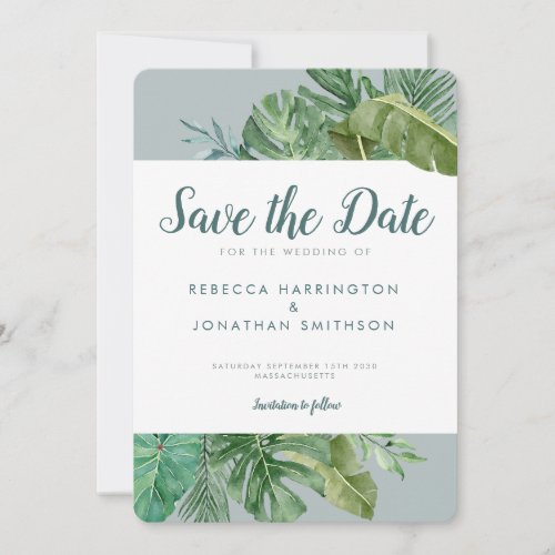 Tropical Greenery Palm Leaf Wedding Save The Date Invitation