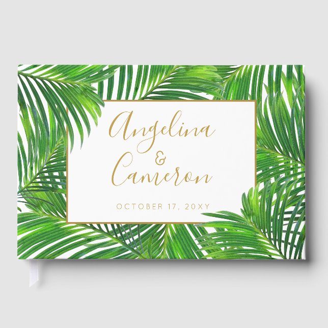 Tropical Greenery Palm Leaves Beach Wedding Guest Book (Front)