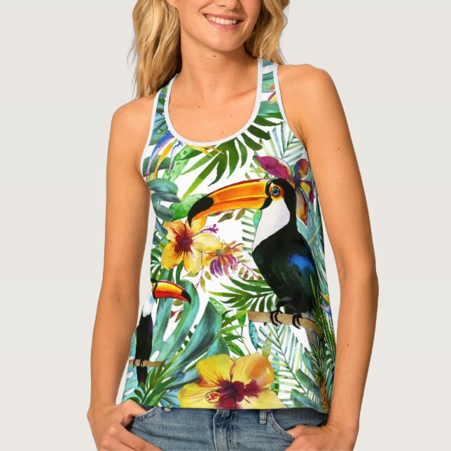 Tropical Greenery Palm Leaves Floral Toucan Modern Tank Top (Front)