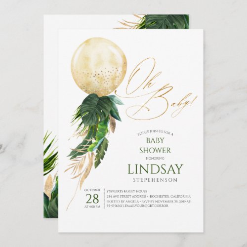 Tropical Greenery Palm Leaves Gold Balloon Oh Baby Invitation