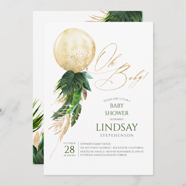 Tropical Greenery Palm Leaves Gold Balloon Oh Baby Invitation (Front/Back)