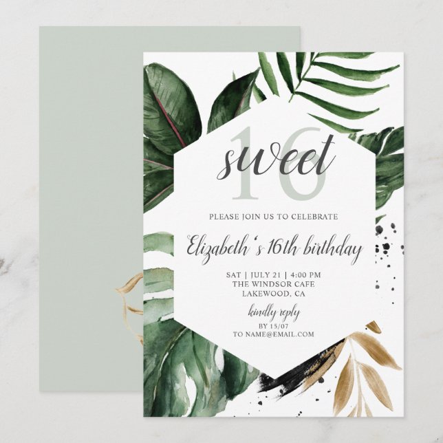 Tropical Greenery Palm Leaves Sweet 16 Invitation (Front/Back)
