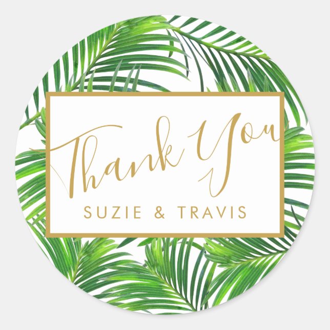 Tropical Greenery Palm Leaves Thank You Favor Classic Round Sticker (Front)