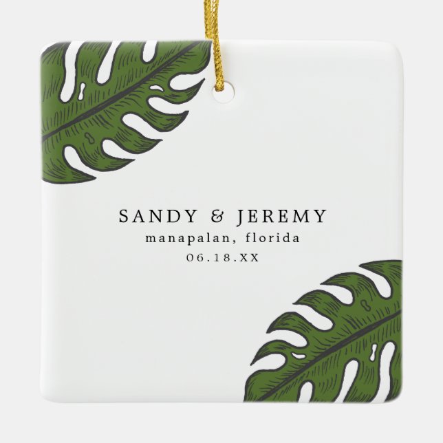 Tropical Greenery Palm Leaves Wedding Photo Ceramic Ornament (Front)