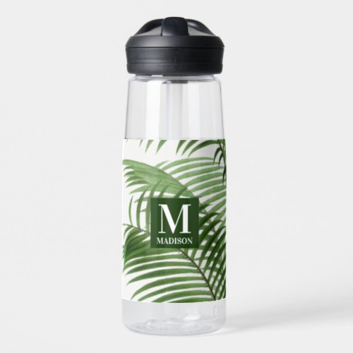 Tropical Greenery Palm Tree Monogrammed Water Bottle