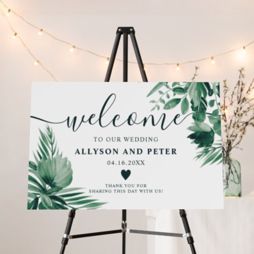 Tropical greenery palm watercolor wedding welcome foam board