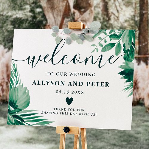 Tropical greenery palm watercolor wedding welcome foam board