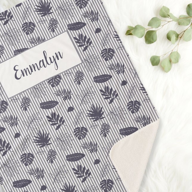 Tropical Greenery Pattern Stripe Monogram | Purple Sherpa Blanket (Creator Uploaded)