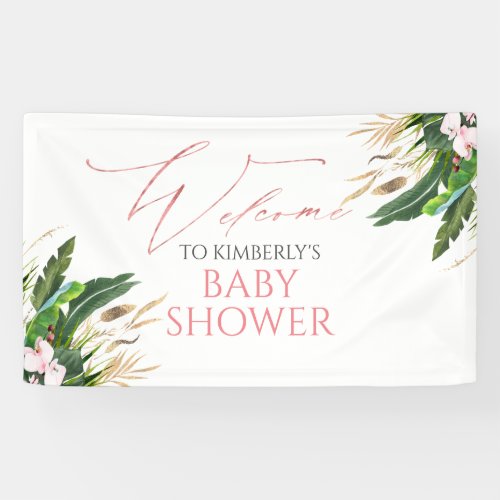 Tropical Greenery Pink Orchids Baby Shower Welcome Banner