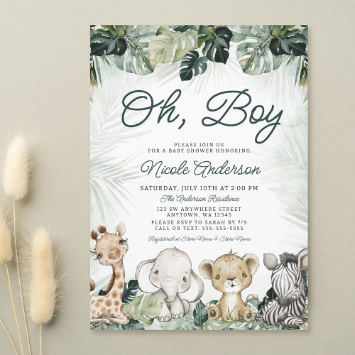 Tropical Greenery Safari Animals Boy Baby Shower Invitation