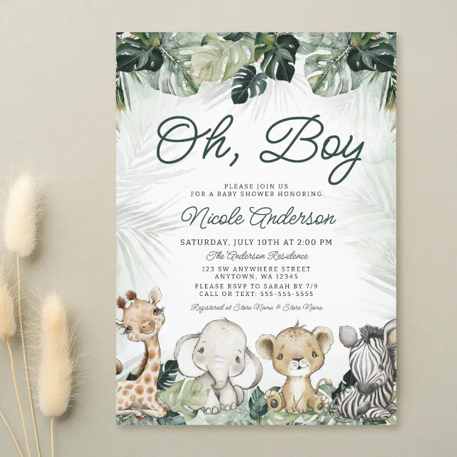 Tropical Greenery Safari Animals Boy Baby Shower Invitation | Zazzle