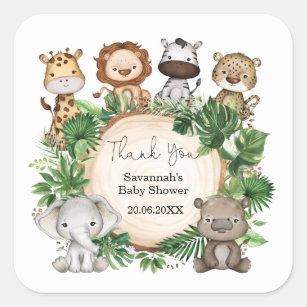 Tropical Greenery Safari Jungle Baby Animals Favor Square Sticker