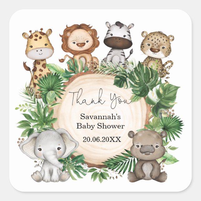 Tropical Greenery Safari Jungle Baby Animals Favor Square Sticker (Front)