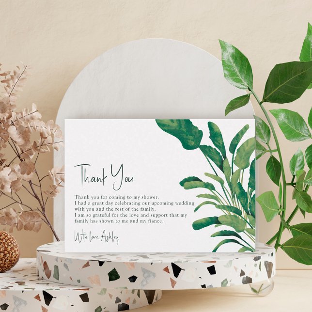 Tropical greenery script green plant bridal shower thank you card (Creator Uploaded)