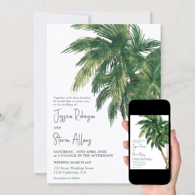 Discover Tropical greenery script palm tree 3 photo wedding invitation
