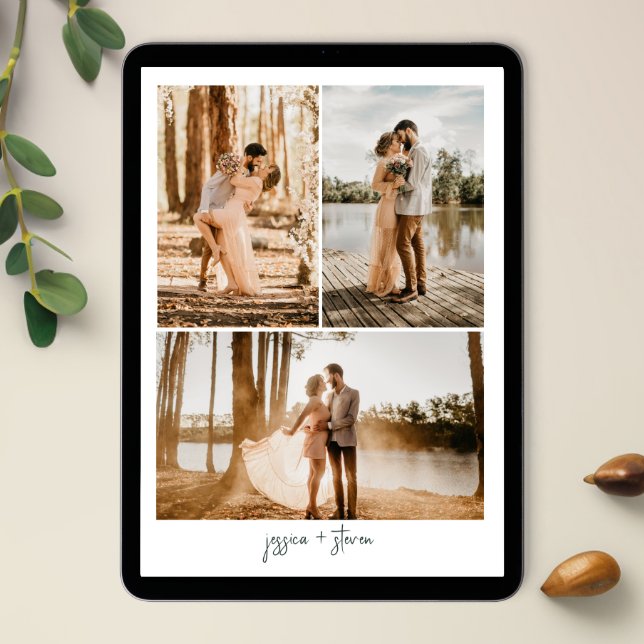 Discover Tropical greenery script palm tree 3 photo wedding invitation