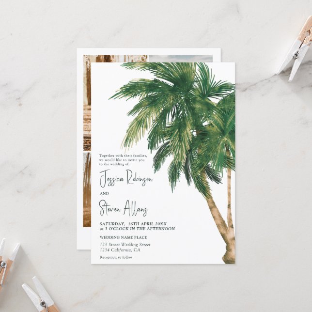 Discover Tropical greenery script palm tree 3 photo wedding invitation