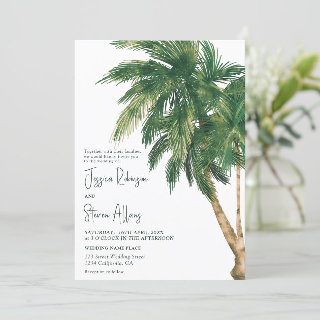 Discover Tropical greenery script palm tree 3 photo wedding invitation
