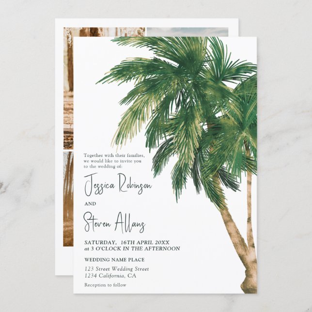 Discover Tropical greenery script palm tree 3 photo wedding invitation