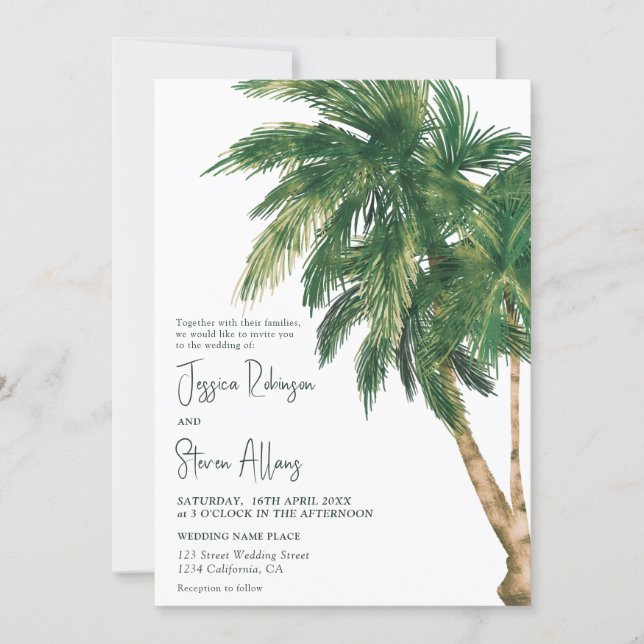 Discover Tropical greenery script palm tree 3 photo wedding invitation