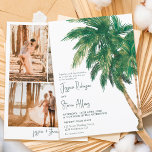 Tropical greenery script palm tree 3 photo wedding invitation<br><div class="desc">Tropical greenery script palm tree wedding invitation with watercolor exotic palm tree illustration and an elegant brush font typography. Perfect for Spring Summer wedding ceremony party,  add 3 of your favorite photos at the back.</div>