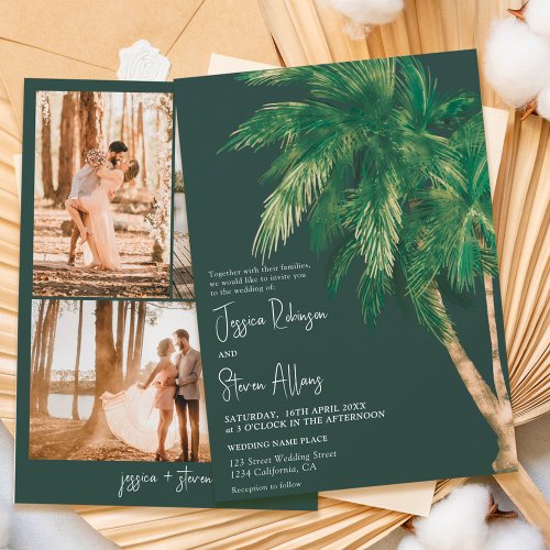 Tropical greenery script palm tree 3 photo wedding invitation