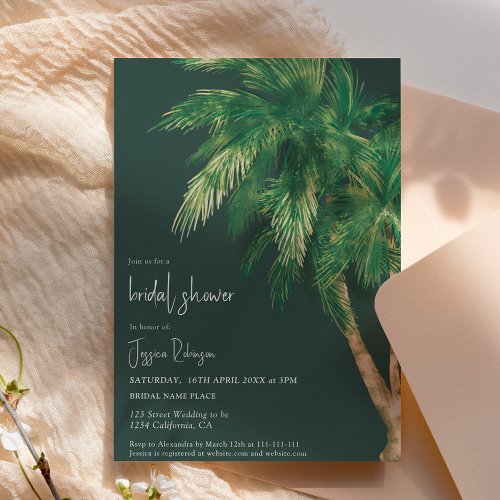 Tropical greenery script palm tree bridal shower  invitation