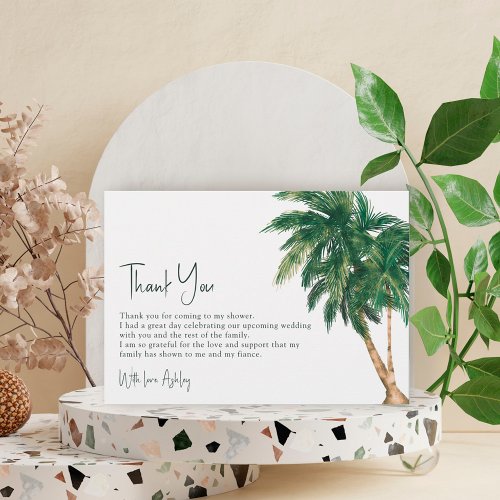 Tropical greenery script palm tree bridal shower thank you card