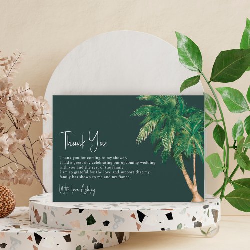 Tropical greenery script palm tree bridal shower thank you card